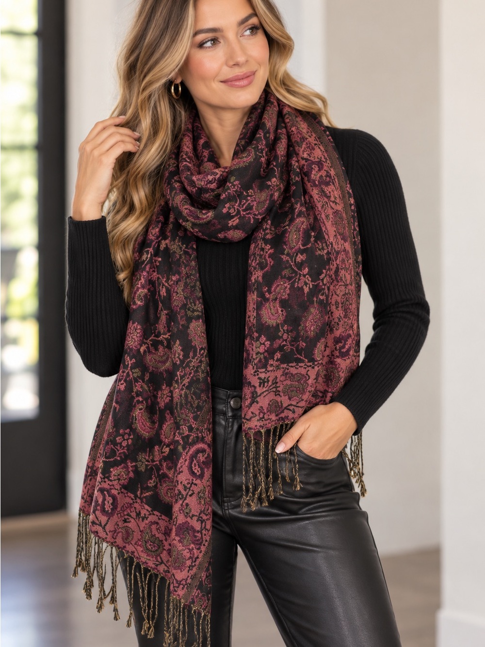 pashmina & silk Black & Burgundy Paisley Fringe Wrap Scarf